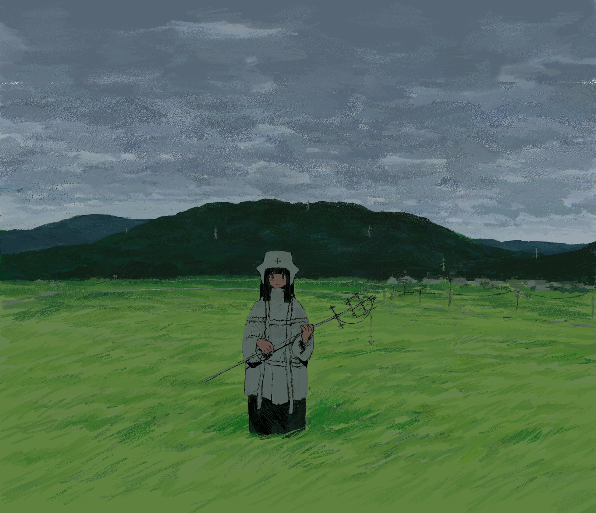 hasu art, original, highres, 1girl, black hair, cloud, cloudy sky, dress, field, holding, holding staff, landscape, looking at viewer, meadow, mountain, mountainous horizon, outdoors, scenery, sky, solo, staff