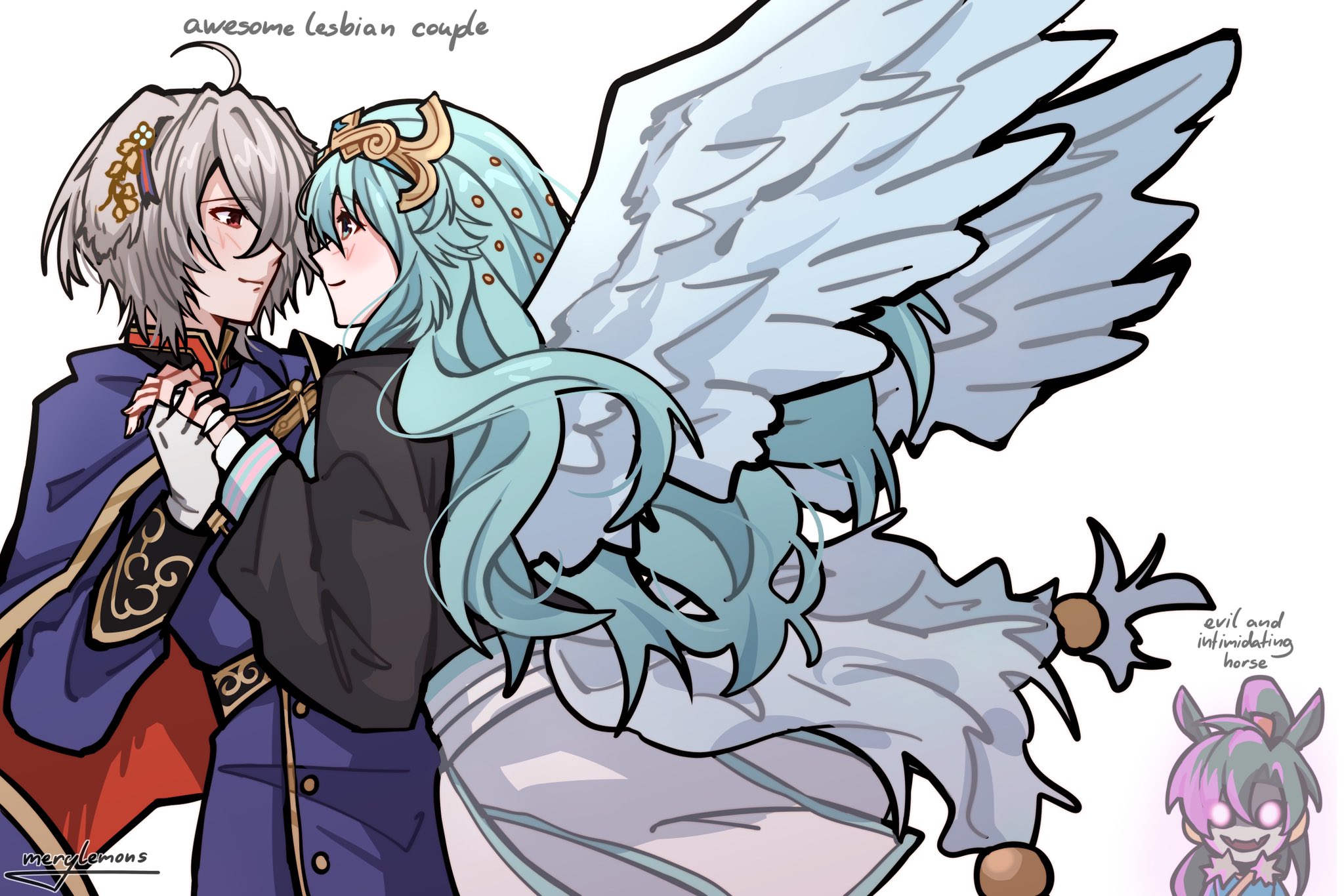 merylemons, kurt (fire emblem), lyn (fire emblem), lyn (plains wind) (fire emblem), fire emblem, fire emblem shadows, nintendo, highres, androgynous, animal ears, blue hair, blush, couple, crossdressing, crossdressing (ftm), crown, dark persona, dog ears, dog girl, eye contact, face-to-face, feathered wings, green hair, horse ears, imminent kiss, long hair, looking at another, multiple girls, red eyes, reverse trap, rose (fire emblem), short hair, white wings, wings, yuri