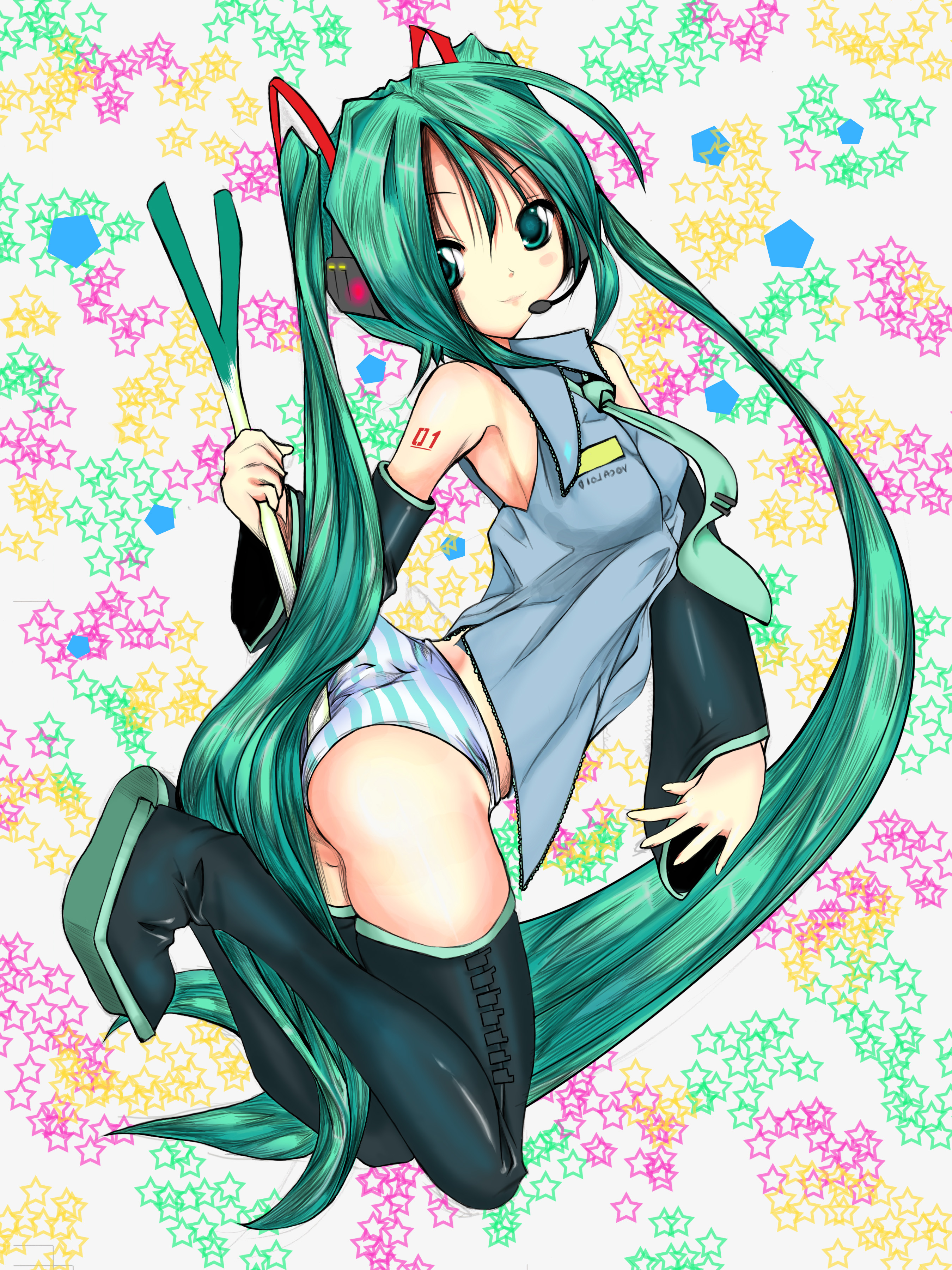 331sasai, gogo ichi, hatsune miku, vocaloid, absurdres, bad id, bad pixiv id, highres, 1girl, aqua hair, female focus, long hair, panties, solo, striped clothes, striped panties, thighhighs, underwear, very long hair