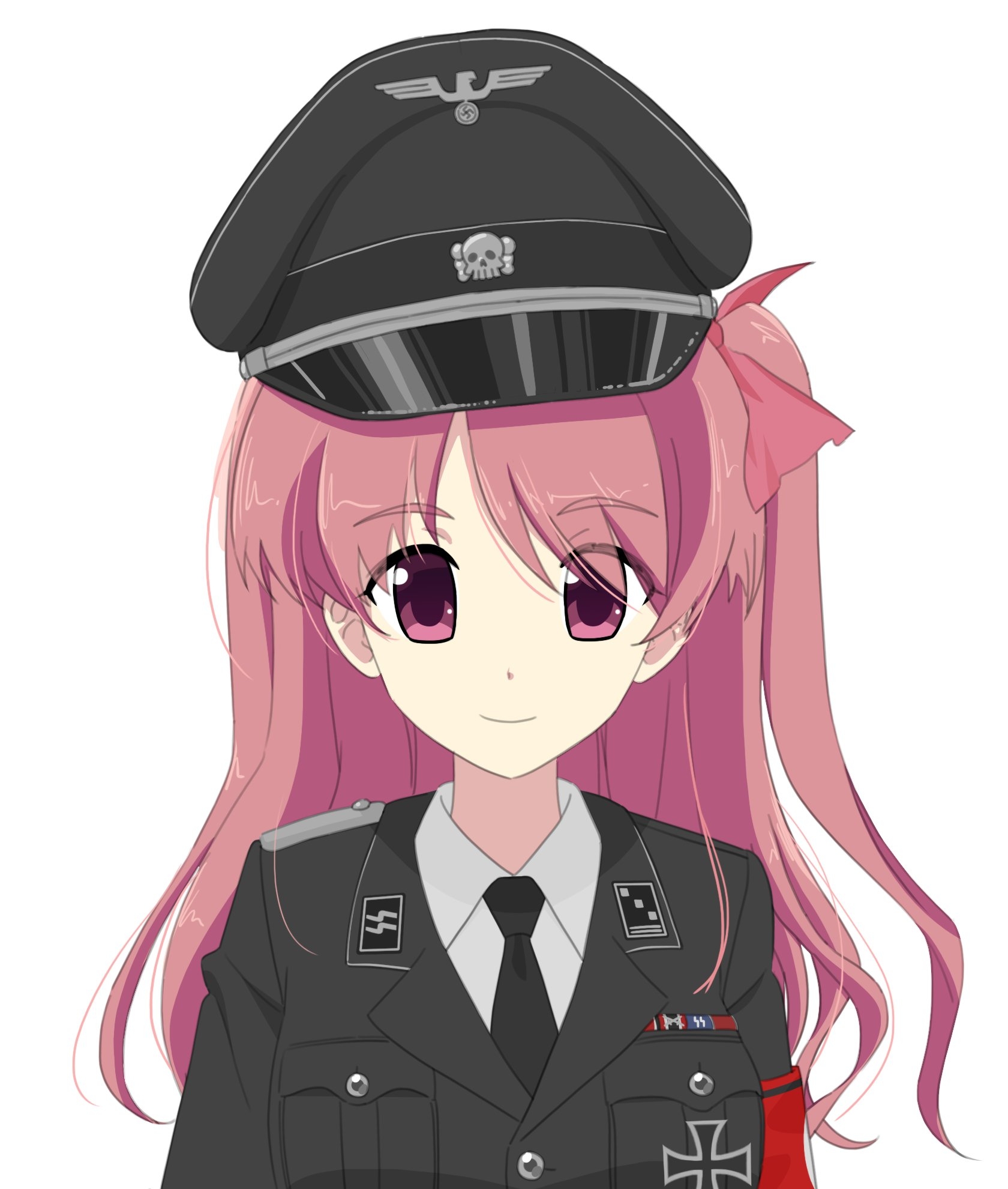 black cat03, sakihata rimi, chaos;head, science adventure, highres, 1girl, black necktie, closed mouth, collared shirt, dress shirt, hair ribbon, hat, jacket, long hair, long sleeves, looking at viewer, military, military hat, military uniform, nazi, necktie, peaked cap, pink eyes, pink hair, ribbon, shirt, simple background, smile, solo, upper body, white background