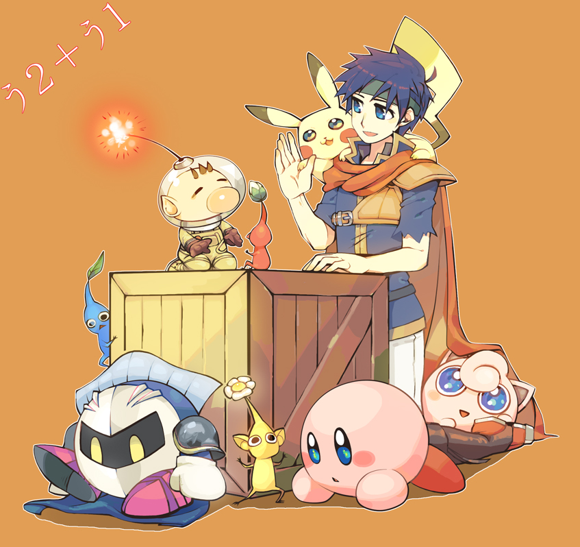 ike (fire emblem), jigglypuff, kirby, meta knight, olimar, pikachu, fire emblem, fire emblem: path of radiance, kirby (series), nintendo, pikmin (series), pokemon, super smash bros., 1boy, armor, blue eyes, blue hair, brown hair, cape, flower, gen 1 pokemon, gloves, mask, pikmin (creature), pokemon (creature), tail, yellow eyes