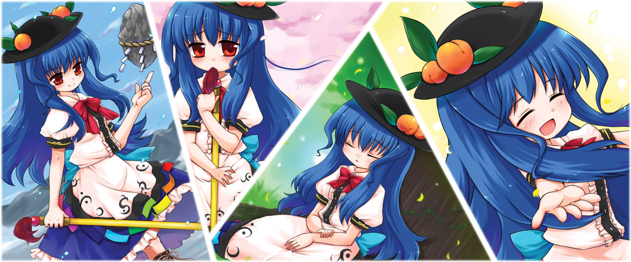 akino (pixiv), akino ochiba, hinanawi tenshi, touhou, 1girl, against tree, beckoning, blue hair, blush, bow, closed eyes, collage, female focus, food, fruit, happy, hat, kaname-ishi, katana, long hair, open mouth, outstretched hand, peach, petals, red eyes, ribbon, shy, sleeping, smile, sword, sword of hisou, tree, weapon