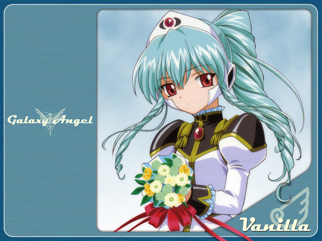 vanilla h, galaxy angel, non-web source, 00s, 1girl, bouquet, character name, copyright name, drill hair, female focus, flower, green hair, long hair, military, military uniform, red eyes, solo