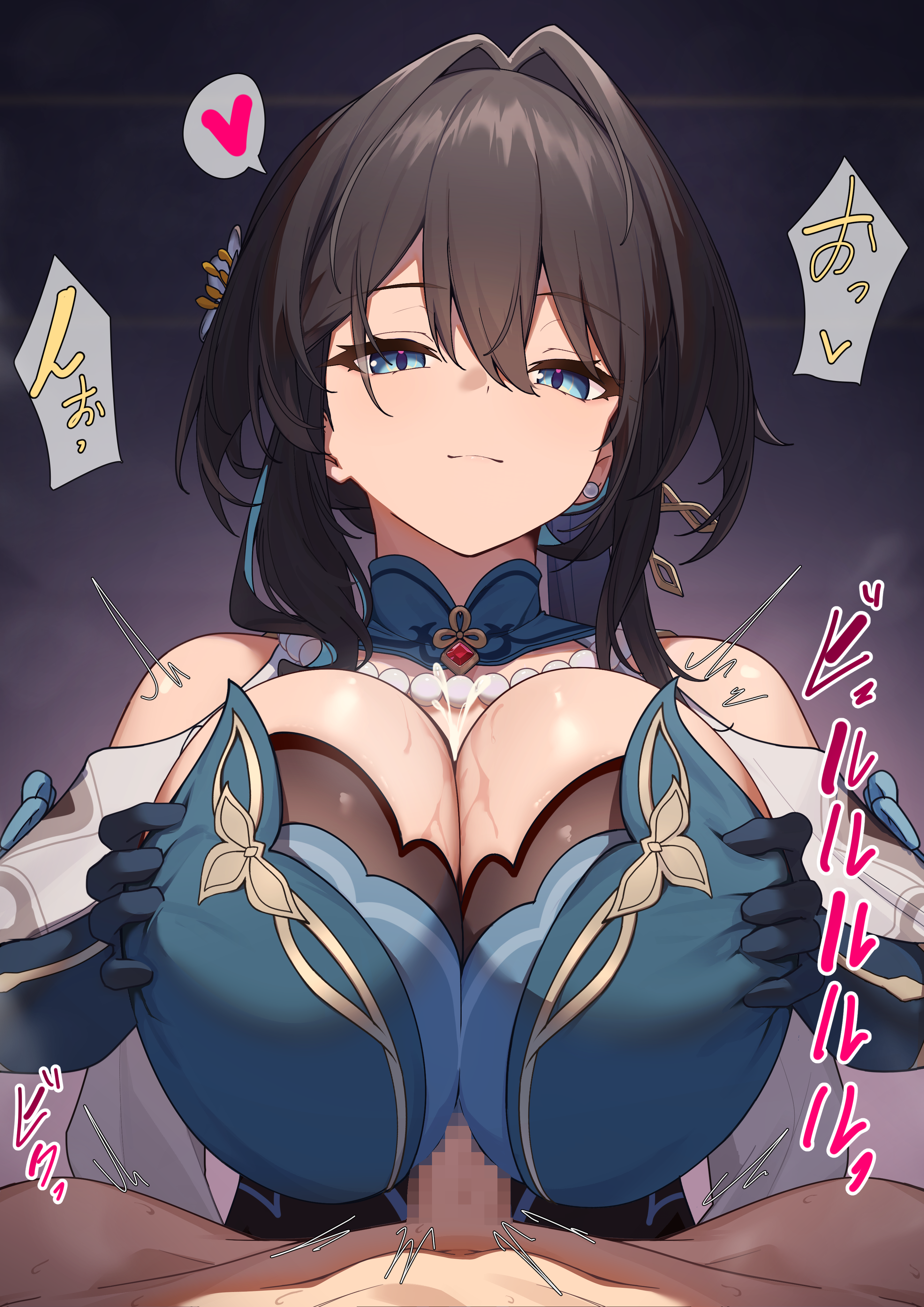 shirotategosha, ruan mei (honkai: star rail), honkai: star rail, honkai (series), absurdres, highres, translation request, 1boy, 1girl, bare shoulders, black hair, blue eyes, breasts, breasts squeezed together, censored, cleavage, closed mouth, cum, cum on body, cum on breasts, cum on upper body, detached collar, dress, ejaculation, elbow gloves, flower, gloves, green dress, green gloves, hair flower, hair ornament, hetero, jewelry, large breasts, long hair, looking at viewer, necklace, paizuri, pearl necklace, penis, smile, speech bubble