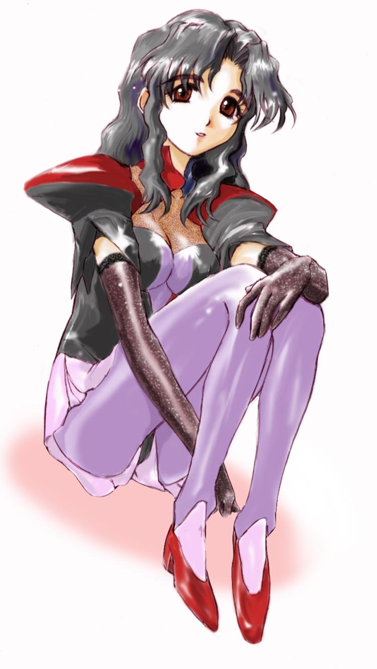 rikudou koushi, hyatt, excel saga, highres, 1990s (style), black hair, brown eyes, elbow gloves, gloves, long hair, retro artstyle, solo