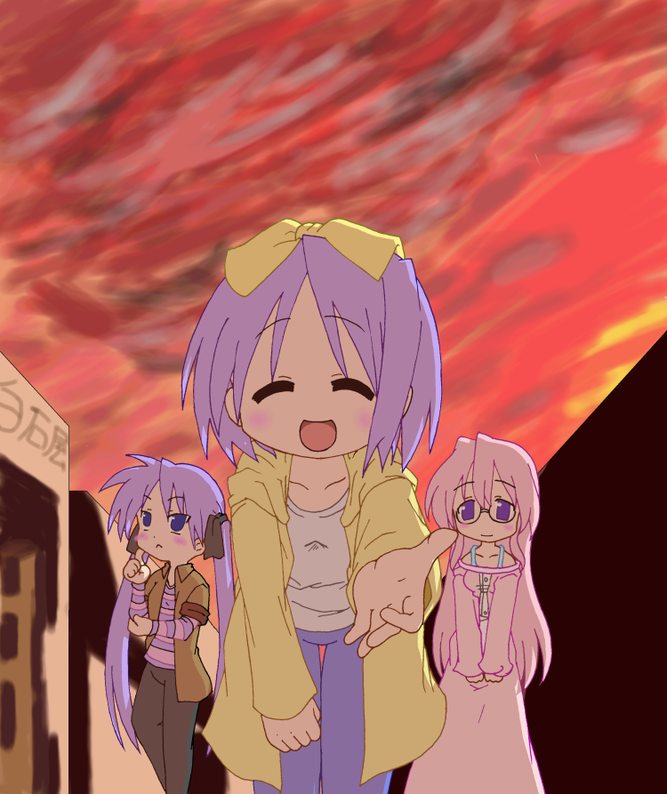 hiiragi kagami, hiiragi tsukasa, takara miyuki, lucky star, non-web source, 00s, 3girls, :d, ^ ^, closed eyes, cloud, cloudy sky, coat, hair ribbon, long hair, long sleeves, looking at viewer, multiple girls, open mouth, outdoors, pink hair, purple eyes, purple hair, ribbon, short hair, sky, smile, sunlight, sunset, very long hair, walking