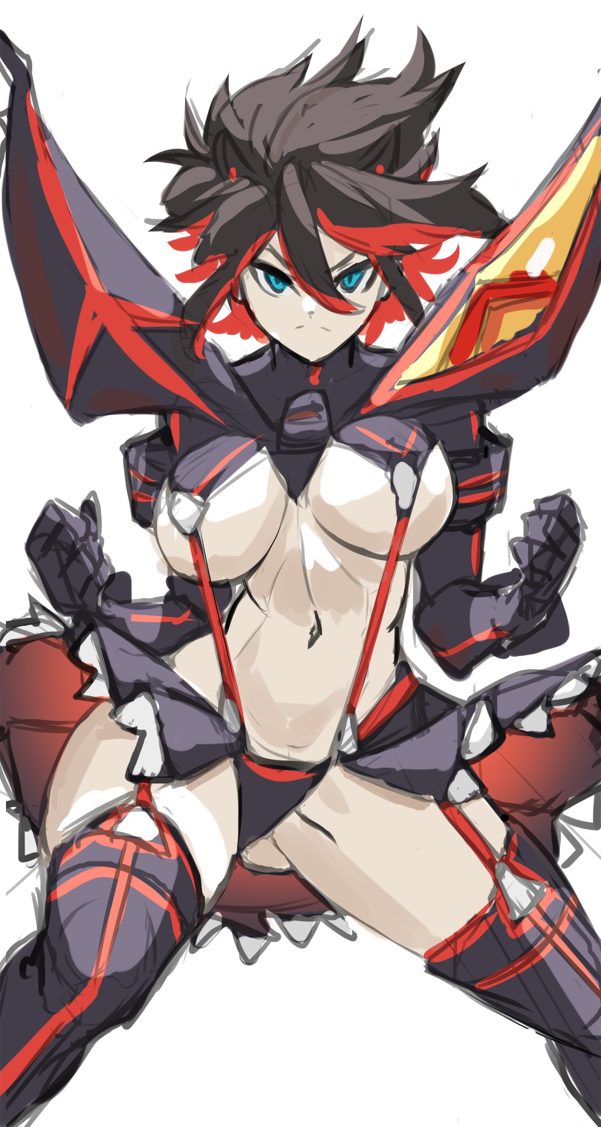 enma (enmanuelart), matoi ryuuko, senketsu, kill la kill, commentary, english commentary, highres, 1girl, black boots, black gloves, black hair, black panties, black skirt, blue eyes, boots, breasts, clenched hands, closed mouth, feet out of frame, frown, gloves, gluteal fold, hair between eyes, hands up, large breasts, long hair, long sleeves, medium hair, microskirt, midriff, multicolored hair, navel, panties, red hair, red suspenders, revealing clothes, simple background, sketch, skirt, solo, thigh boots, thigh strap, two-tone hair, underboob, underwear, white background