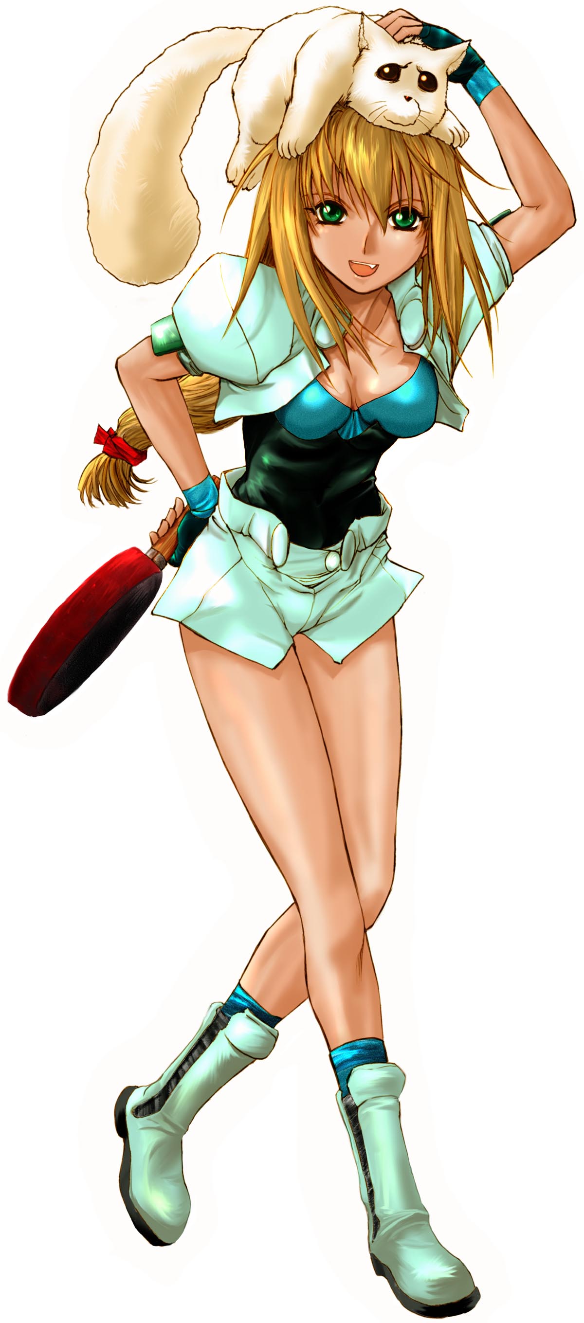 rikudou koushi, excel, menchi, excel saga, absurdres, highres, 1990s (style), 1girl, blonde hair, boots, breasts, cleavage, dog, female focus, frying pan, gloves, green boots, green eyes, long hair, low-tied long hair, medium breasts, retro artstyle, solo