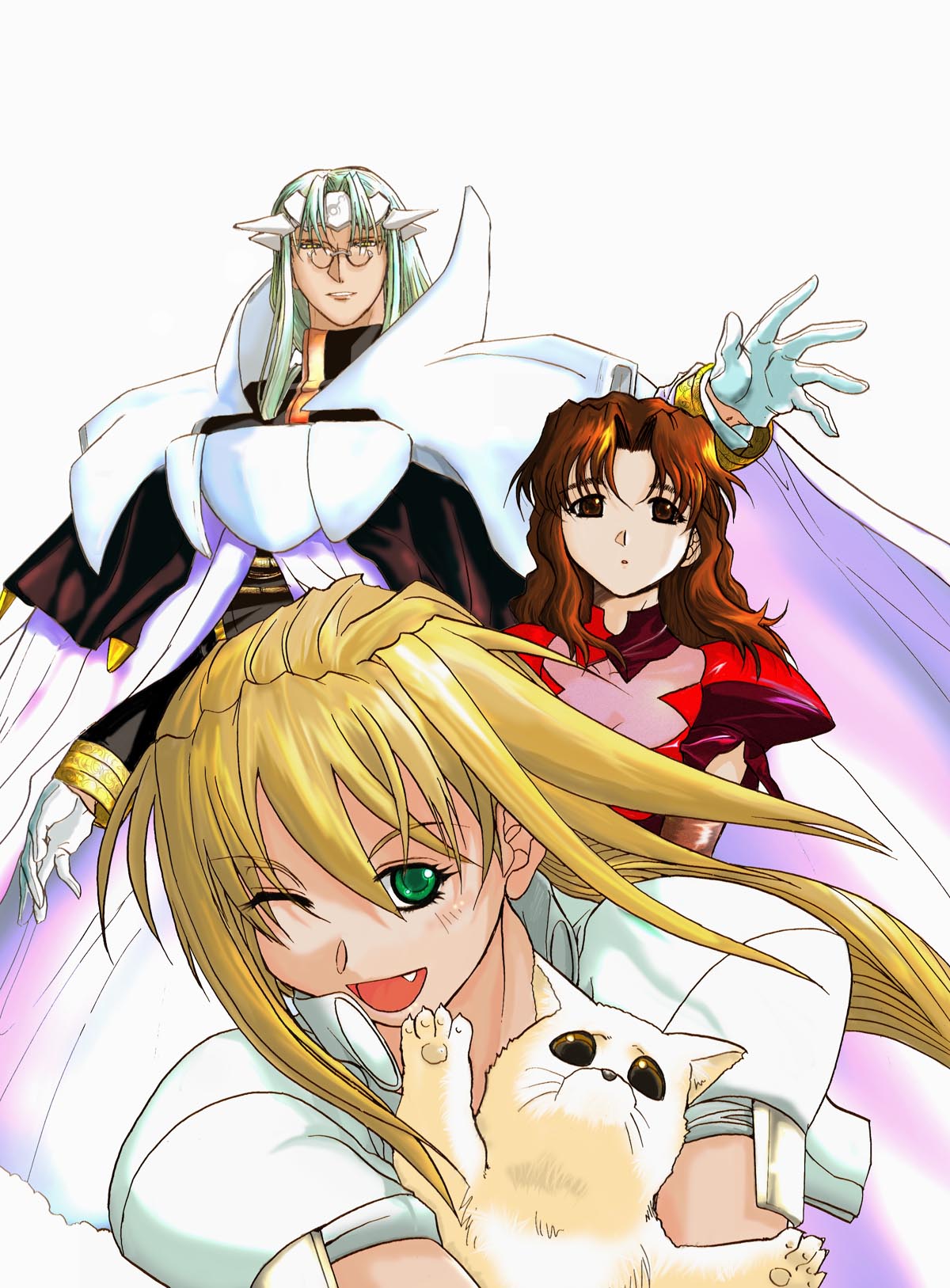 rikudou koushi, excel, hyatt, il palazzo, menchi, excel saga, highres, official art, 1990s (style), 1boy, 2girls, blonde hair, brown eyes, brown hair, dog, fang, glasses, gloves, green eyes, long hair, multiple girls, one eye closed, retro artstyle, wink