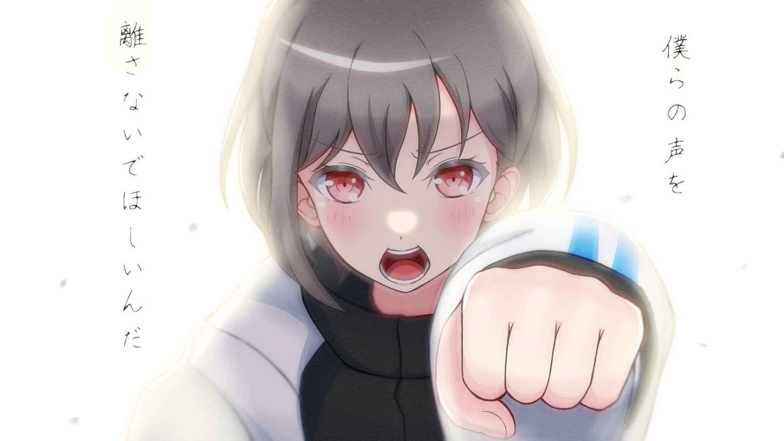 atama (abmbbmsbcg), takamatsu tomori, bang dream!, bang dream! it's mygo!!!!!, commentary, translated, 1girl, black shirt, blush, grey hair, lyrics, open mouth, red eyes, shirt, short hair, solo, teeth, upper body, white background