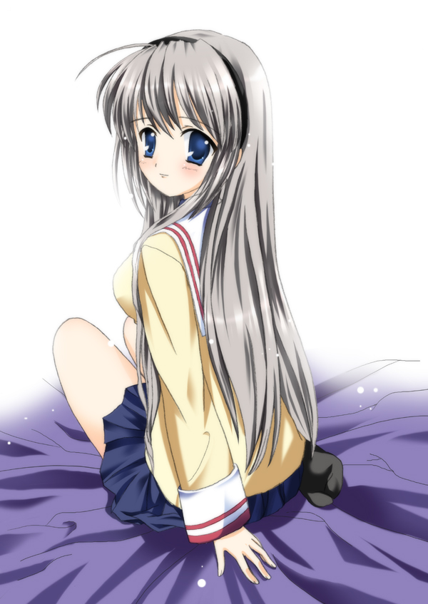 sakagami tomoyo, clannad, silver hair, non-web source, 00s, long hair, looking back, school uniform, serafuku, solo