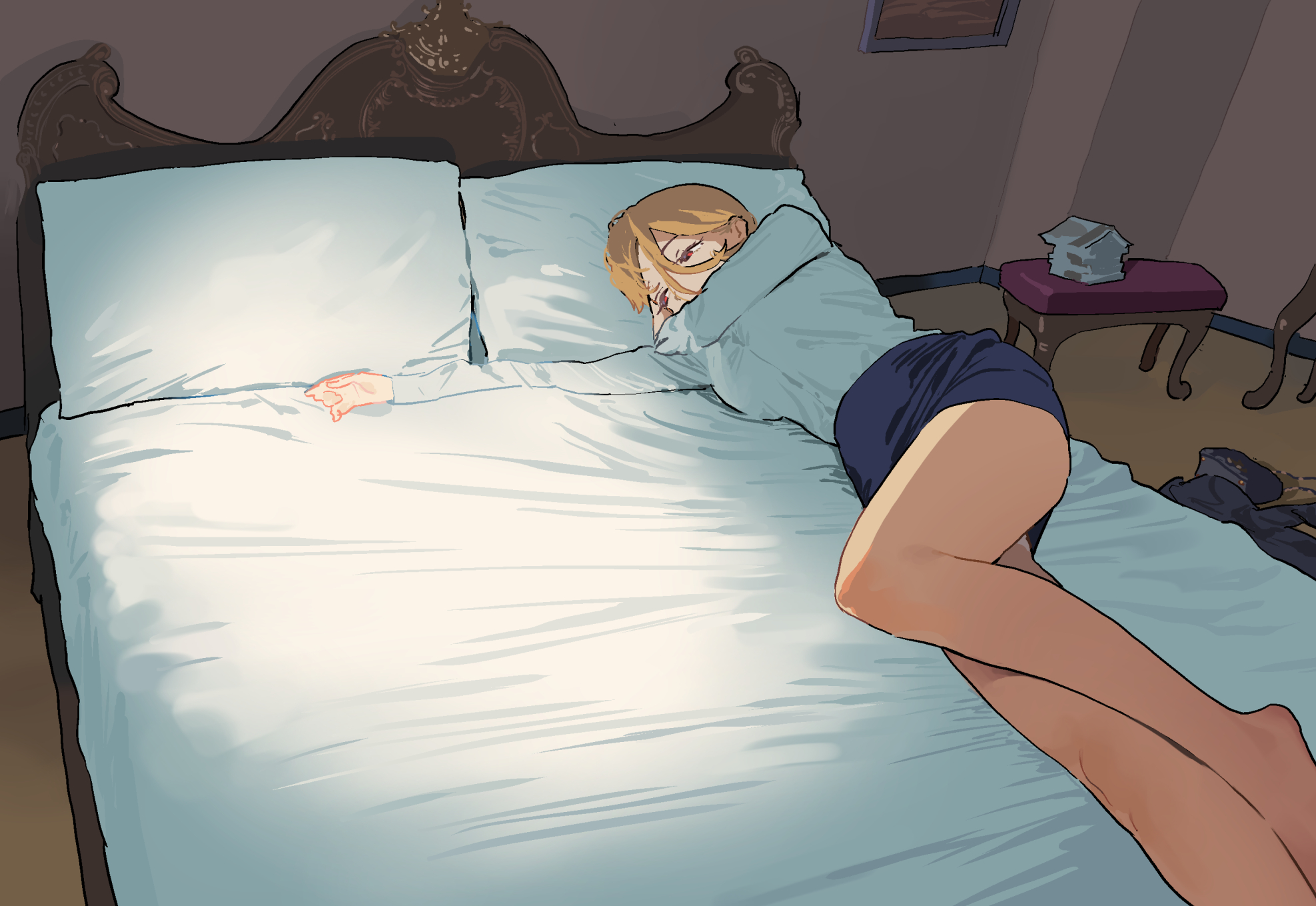 some1else45, sekoshi (some1else45), original, highres, 1girl, bed sheet, blonde hair, blue skirt, breasts, brown pantyhose, dress shirt, indoors, jacket, large breasts, long sleeves, lying, on bed, on side, pantyhose, pillow, shirt, skirt, solo, unworn jacket, white shirt