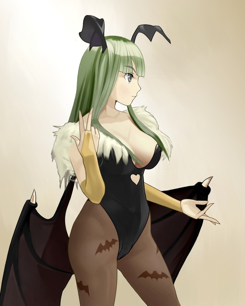 mimizo, morrigan aensland, capcom, darkstalkers, 1girl, bat wings, breasts, cleavage, demon girl, elbow gloves, female focus, gloves, green hair, head wings, large breasts, legs, leotard, long hair, pantyhose, smile, solo, thighs, wings