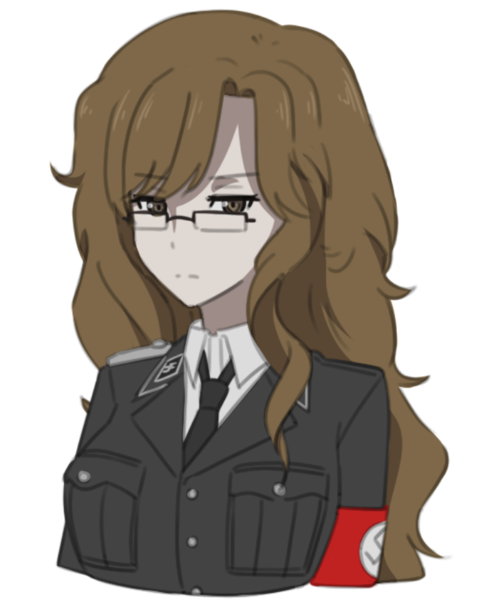 black cat03, kiryuu moeka, science adventure, steins;gate, 1girl, brown eyes, brown hair, closed mouth, collared shirt, glasses, jacket, long hair, long sleeves, looking at viewer, military, military uniform, nazi, nazi flag, necktie, shirt, simple background, solo, swastika, upper body, white background