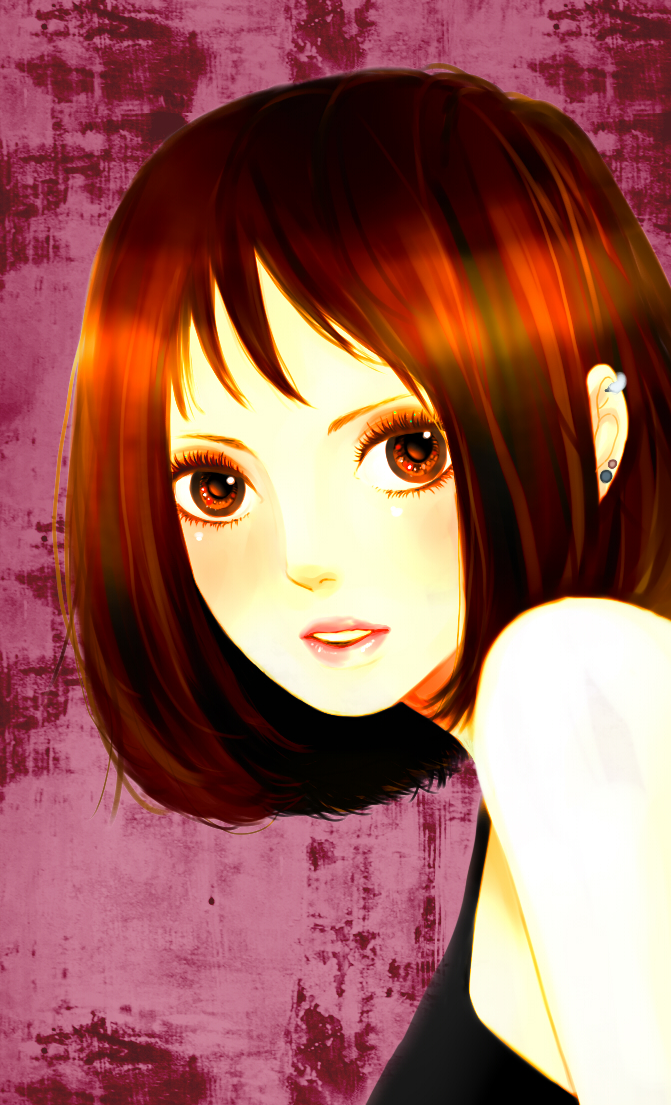 miura, bad id, bad pixiv id, brown eyes, brown hair, earrings, jewelry, portrait, short hair, solo, upper body