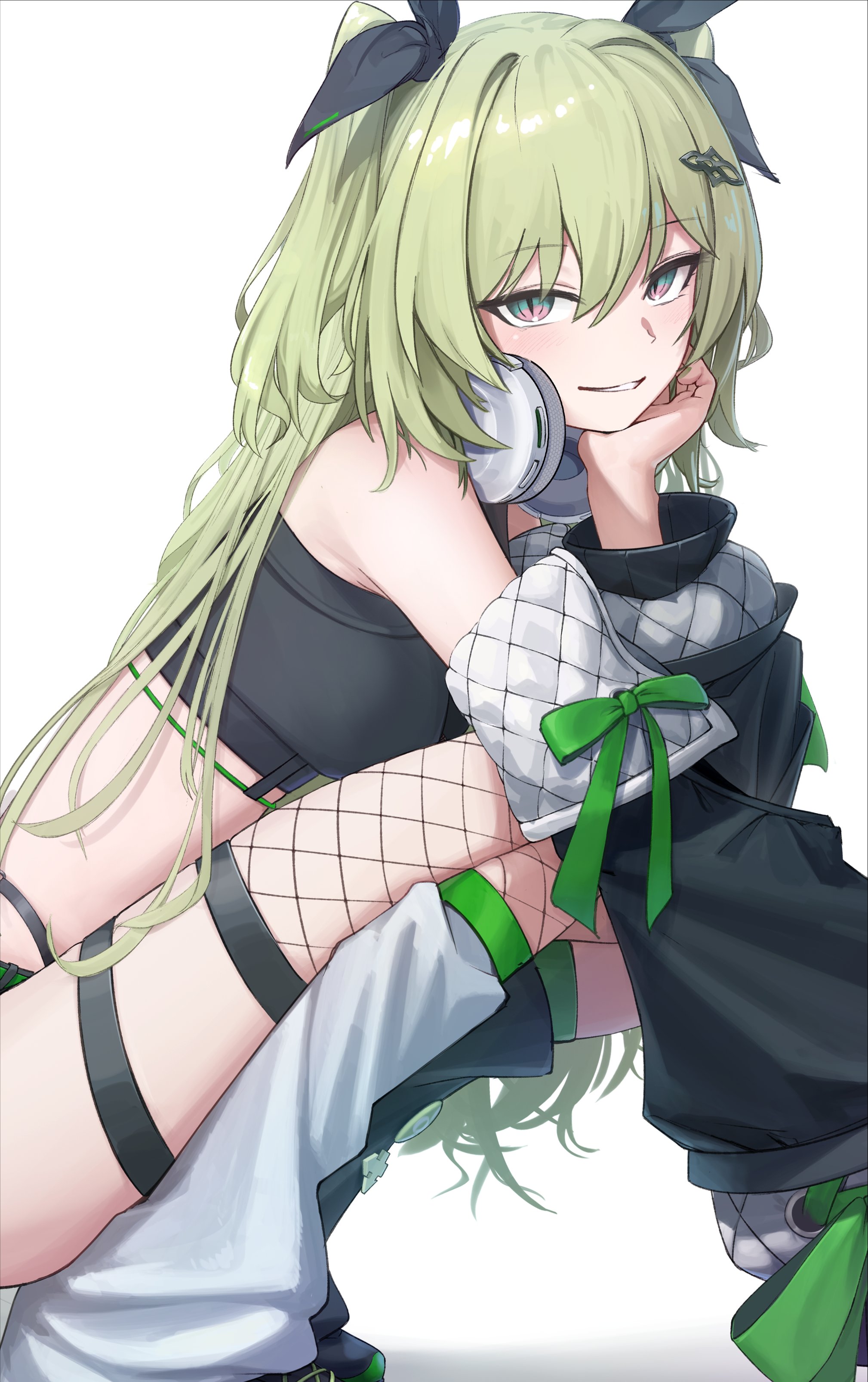 dokon, mobius (honkai impact), honkai (series), honkai impact 3rd, absurdres, commentary, highres, 1girl, alternate costume, alternate hairstyle, asymmetrical legwear, black leg warmers, black sports bra, bow, detached sleeves, fishnet thighhighs, fishnets, from side, green bow, green eyes, green hair, headphones, headphones around neck, leg warmers, long hair, looking at viewer, looking to the side, mismatched legwear, multicolored eyes, parted lips, pink eyes, simple background, slit pupils, smile, solo, sports bra, squatting, thighhighs, two-tone eyes, two side up, white background, white leg warmers
