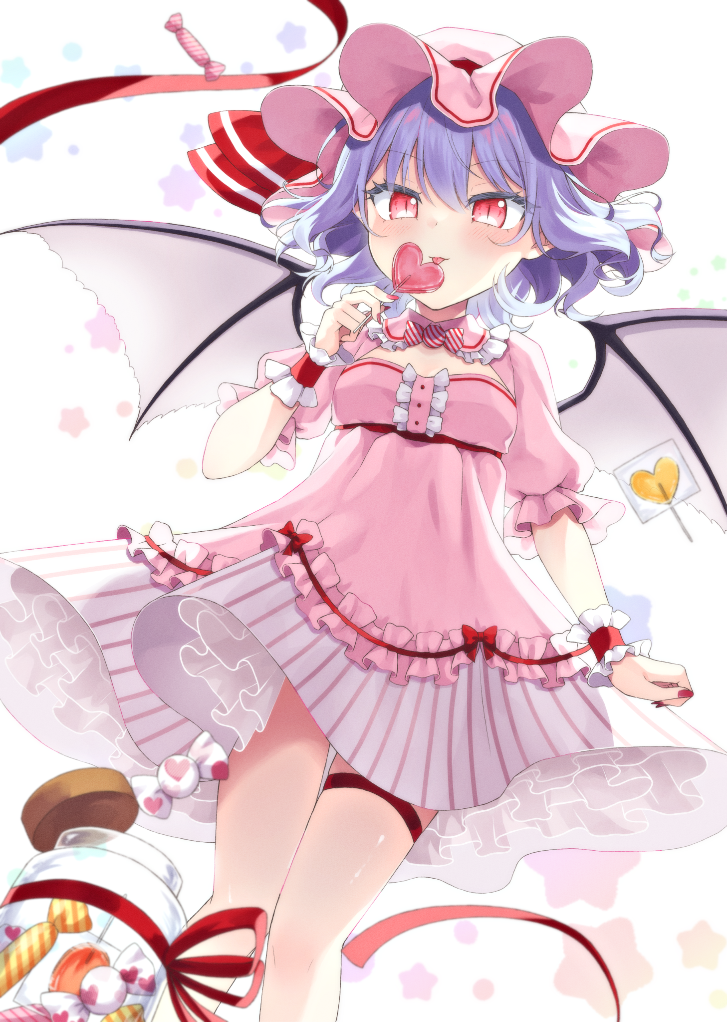 beni kurage, remilia scarlet, touhou, commentary request, highres, 1girl, alternate costume, bat wings, bow, bowtie, breasts, candy, cleavage cutout, clothing cutout, dress, food, frilled shirt collar, frills, from below, hat, hat ribbon, heart, heart-shaped food, heart-shaped lollipop, holding, holding candy, holding food, holding lollipop, jar, licking, lollipop, looking at viewer, pink bow, pink bowtie, pink dress, pink hat, puffy short sleeves, puffy sleeves, purple hair, red nails, red ribbon, ribbon, shaped lollipop, short hair, short sleeves, slit pupils, small breasts, solo, thigh strap, tongue, tongue out, white background, wings, wrist cuffs