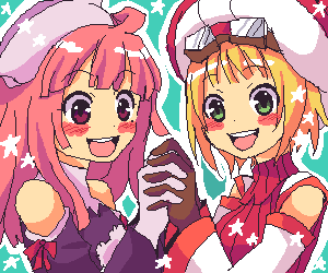 tsuyuka (sunny spot), cornet espoir, prier, la pucelle, marl kingdom, nippon ichi, puppet princess (marl kingdom), lowres, 2girls, blonde hair, blush, company connection, gloves, green eyes, happy, hat, multiple girls, oekaki, pink eyes, pink hair, smile, star (symbol)