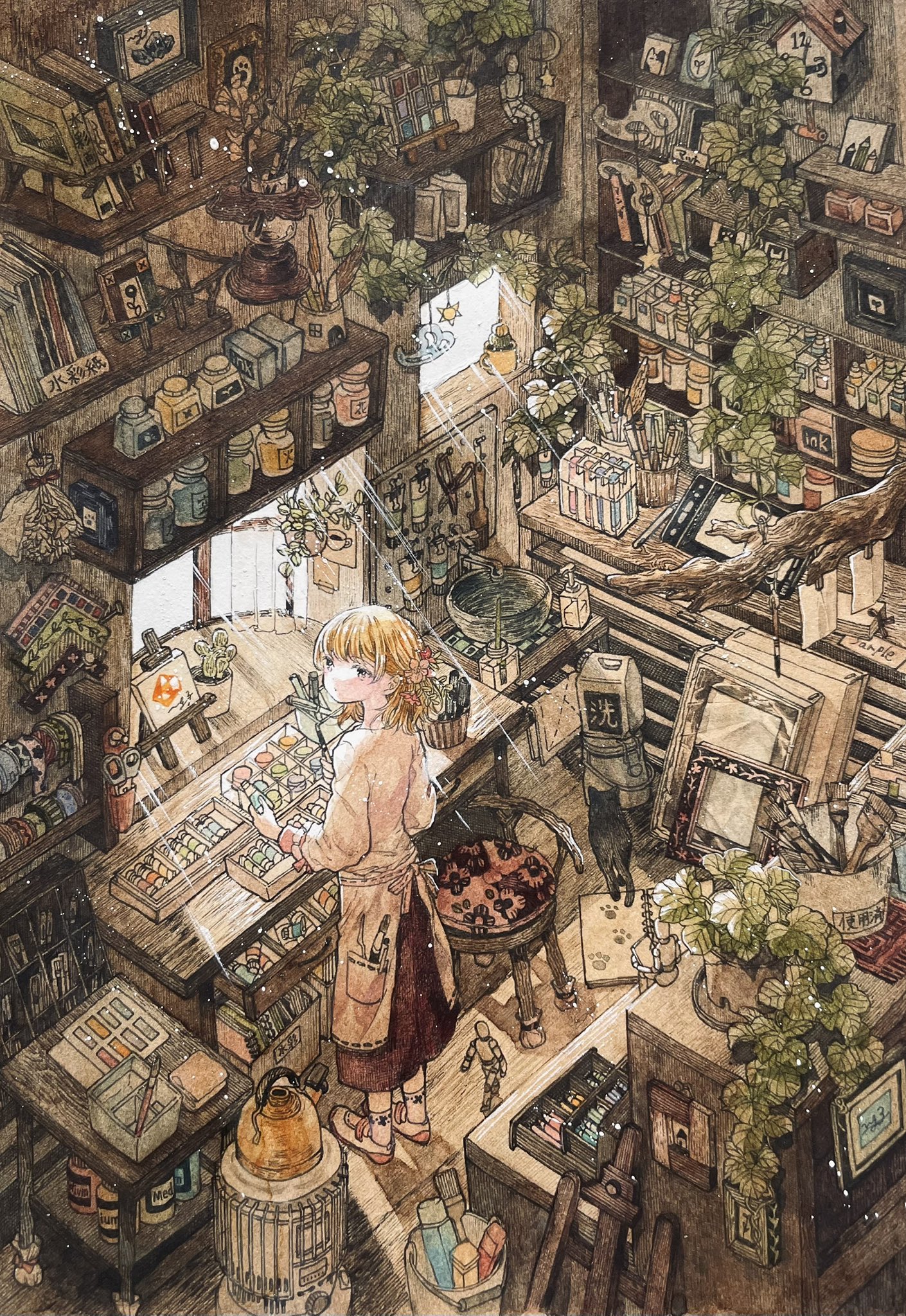 megumi (mg3), original, highres, 1girl, absurdly detailed composition, art supplies, artist painter, book, book stack, bookshelf, cabinet, canvas (object), chair, clock, desk, drawer, from above, indoors, jar, loaded interior, looking at viewer, messy room, orange hair, pencil, picture frame, plant, potted plant, shelf, sunlight, table, vase, window, workshop