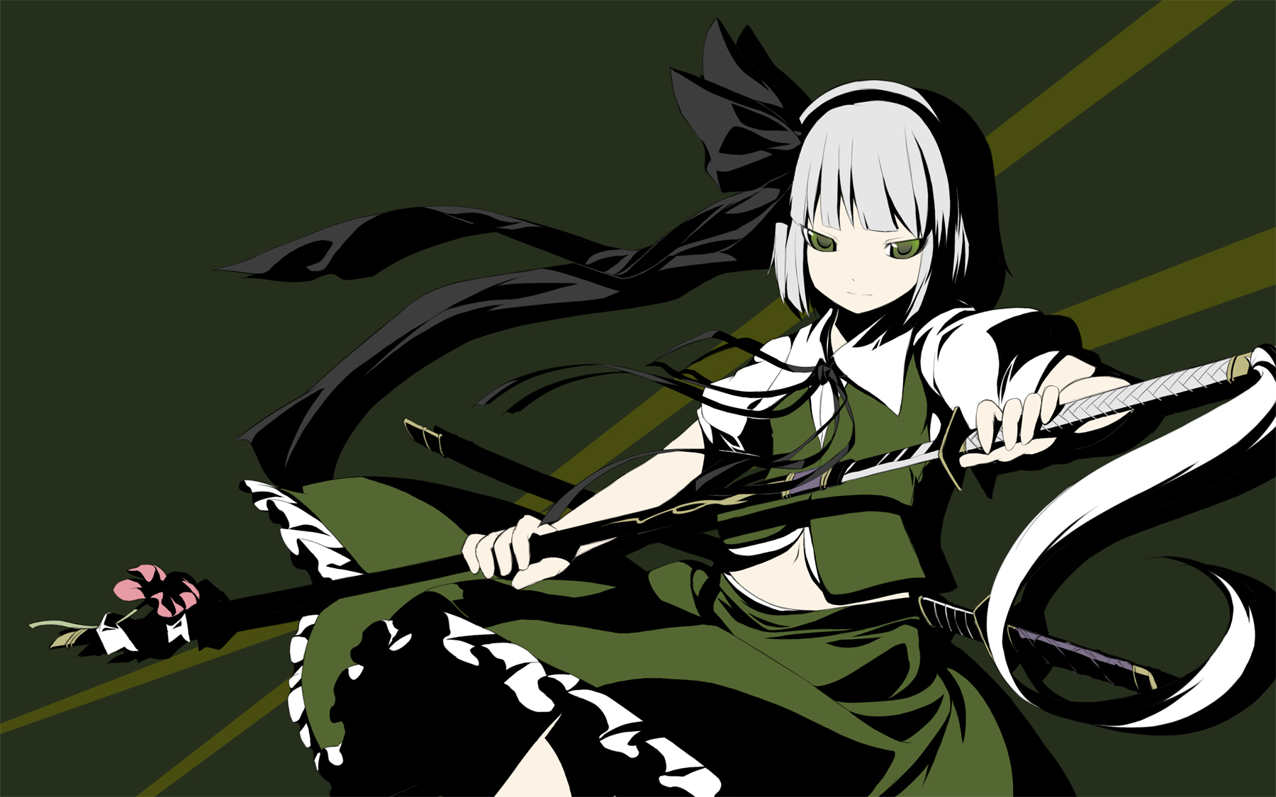 shiratama dango, konpaku youmu, touhou, bad id, bad pixiv id, highres, 1girl, dress, female focus, flat color, flower, green eyes, hair ribbon, hairband, high contrast, katana, midriff, navel, ribbon, sheath, sheathed, short hair, skirt, solo, sword, unsheathing, weapon, white hair