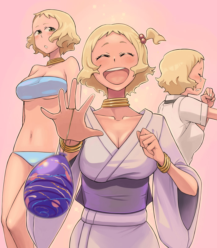 bowieknife, ooba minato, hyakko, 00s, 1girl, :d, ^ ^, bikini, blonde hair, bracelet, breasts, cleavage, closed eyes, collar, dark-skinned female, dark skin, happy, japanese clothes, jewelry, kimono, multiple expressions, open mouth, parted lips, pink background, short hair, smile, swimsuit, tears, yukata