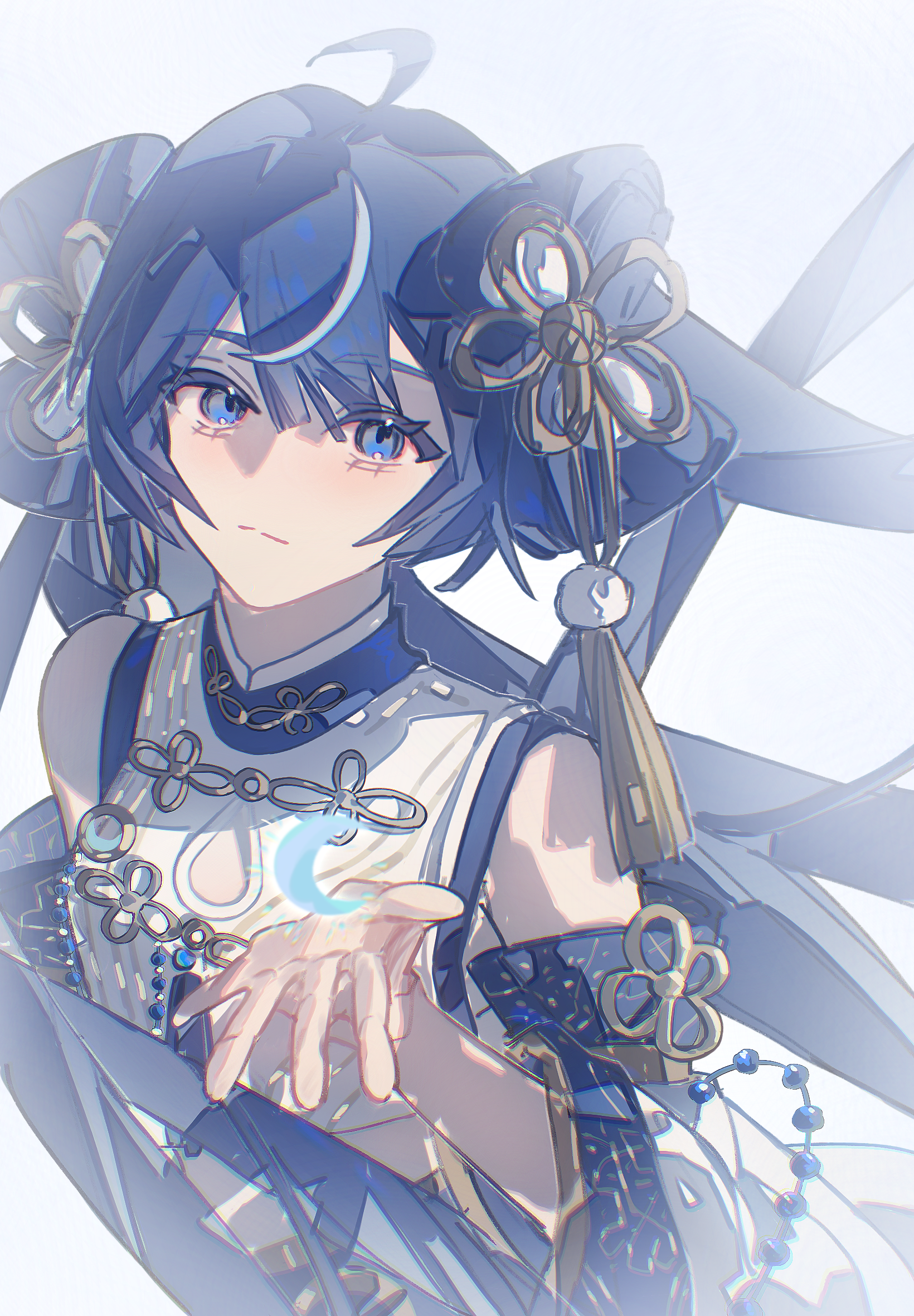 shuiyuan, iuno (wuthering waves), wuthering waves, chinese commentary, commentary request, highres, 1girl, ahoge, bare shoulders, blue eyes, blue hair, chinese clothes, chromatic aberration, closed mouth, crescent, detached sleeves, hand up, long hair, looking at viewer, multicolored hair, official alternate costume, solo, streaked hair