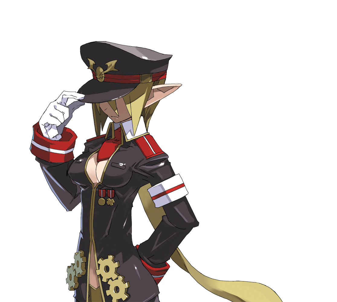 salvatore, salvatore (disgaea), disgaea, makai senki disgaea 3, 1girl, black hat, breasts, female focus, gloves, hat, hat tip, hidden face, long hair, military, military hat, military uniform, solo, very long hair