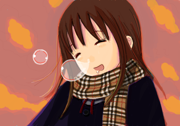 kokudou juunigou, bad id, bad pixiv id, brown hair, bubble, closed eyes, happy, long hair, nose bubble, plaid clothes, plaid scarf, scarf, sleeping, solo