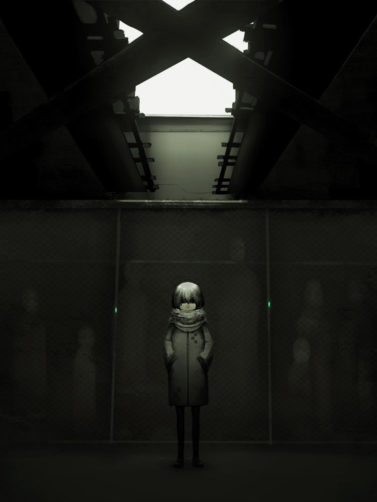 kahadu (kawazu), original, bad id, bad pixiv id, 1girl, dark, green theme, jacket, monochrome, scarf, solo focus