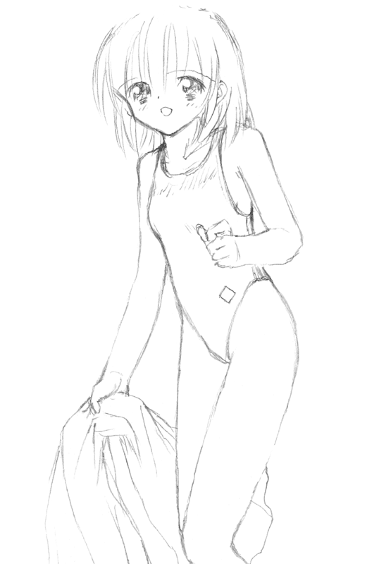 traditional media, competition swimsuit, greyscale, monochrome, one-piece swimsuit, outline, short hair, sketch, solo, swimsuit, towel