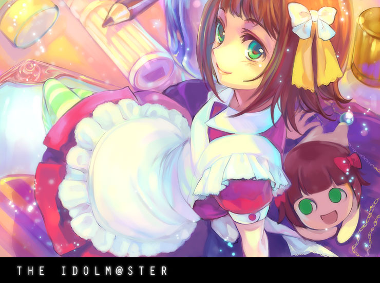 ame yamori, nonoka, amami haruka, nonowa, idolmaster, idolmaster (classic), idolmaster 1, maid fairy tale, striped legwear, bad id, bad pixiv id, 00s, brown hair, dress, green eyes, short hair, smile, striped clothes, striped thighhighs, thighhighs