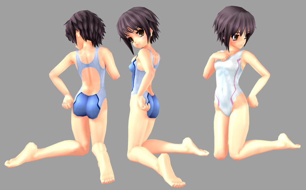 nagato yuki, polygon love 2, suzumiya haruhi no yuuutsu, silver hair, 00s, 1girl, 3d, ass, barefoot, breasts, competition swimsuit, feet, female focus, full body, kneeling, one-piece swimsuit, reference sheet, short hair, simple background, soles, solo, swimsuit, toes, yellow eyes