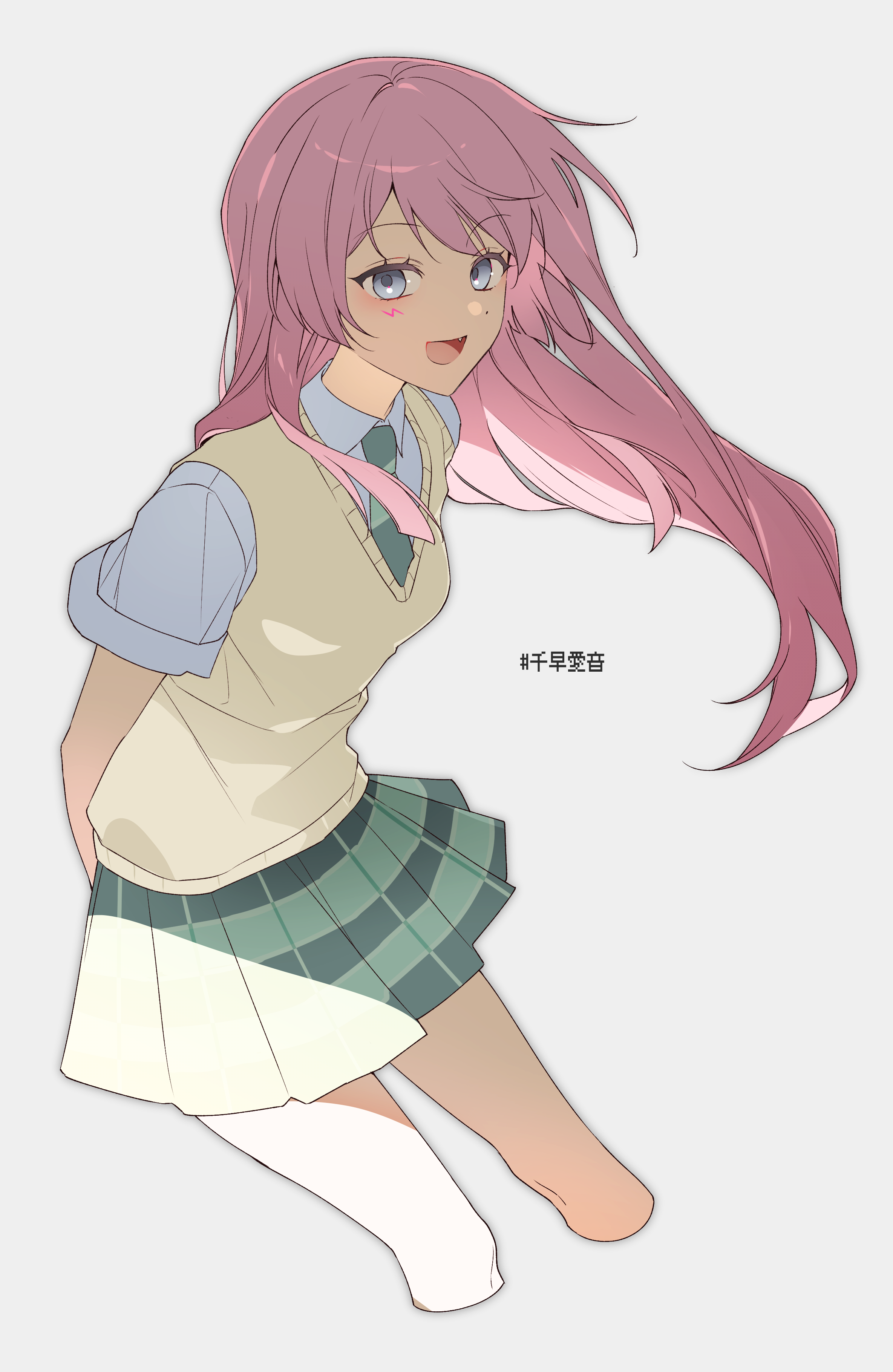 mikan (migwang), chihaya anon, bang dream!, bang dream! it's mygo!!!!!, absurdres, commentary, highres, translated, 1girl, arms behind back, blush, brown sweater vest, character name, fang, green necktie, green skirt, haneoka school uniform, long hair, looking at viewer, necktie, open mouth, pink hair, pleated skirt, school uniform, shirt, simple background, skirt, solo, sweater vest, white background, white shirt