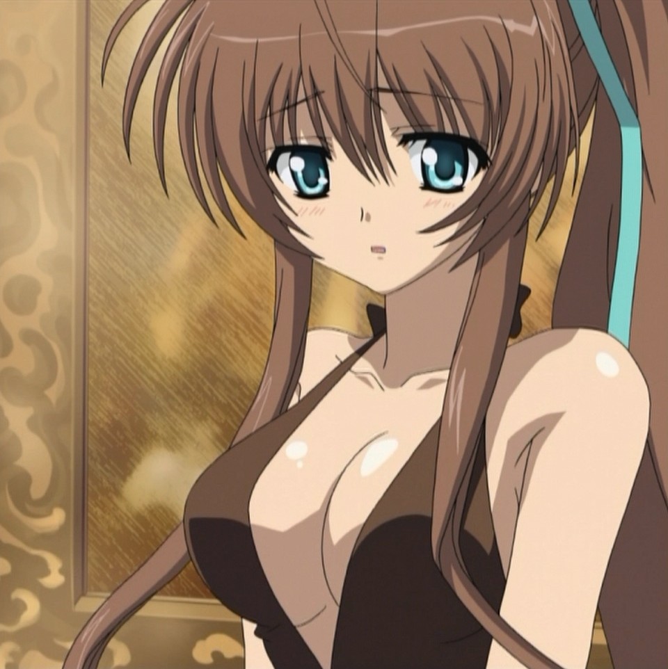 nagase minato, akane-iro ni somaru saka, anime screenshot, stitched, third-party edit, 1girl, aqua eyes, breasts, brown hair, cleavage, female focus, green eyes, looking at viewer, medium breasts, ribbon, sideboob, solo, striped blush