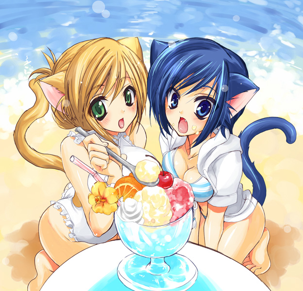 sanshoku amido, sherbet, original, 2girls, animal ears, barefoot, bikini, blonde hair, blue eyes, blue hair, cat ears, cat tail, food, green eyes, ice cream, kneeling, multiple girls, short hair, swimsuit, tail