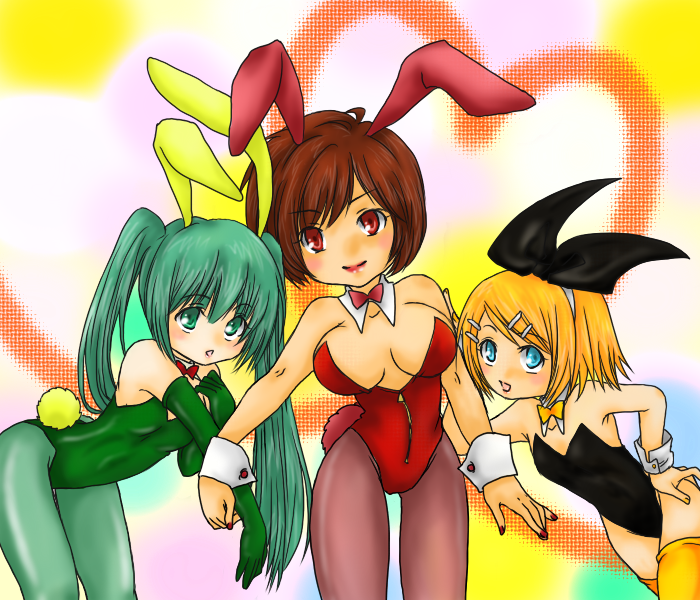 choco (chocomami), hatsune miku, kagamine rin, meiko (vocaloid), vocaloid, 3girls, animal ears, bad anatomy, blonde hair, blue eyes, brown hair, child, elbow gloves, fake animal ears, gloves, green eyes, green hair, long hair, multiple girls, pantyhose, playboy bunny, poorly drawn, rabbit ears, red eyes, short hair, thighhighs, twintails, wrist cuffs