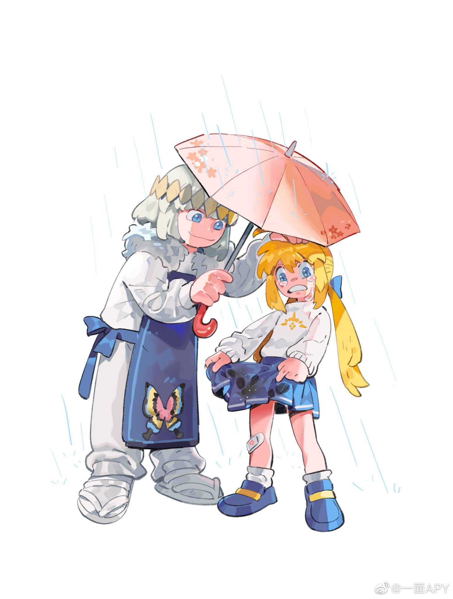 apymian, artoria caster (fate), artoria pendragon (fate), oberon (fate), fate/grand order, fate (series), chinese commentary, commentary request, highres, 1boy, 1girl, apron, blonde hair, blue apron, blue shoes, blue skirt, bow, cape, dragonfly wings, flip-flops, fur-trimmed jacket, fur trim, grey hair, hair bow, headpat, holding, holding umbrella, jacket, looking down, pants, rain, sandals, shirt, shoes, skirt, slippers, sweater, tearing up, umbrella, watermark, weibo watermark, wet, wet clothes, wet skirt, white background, white pants, white slippers, white sweater