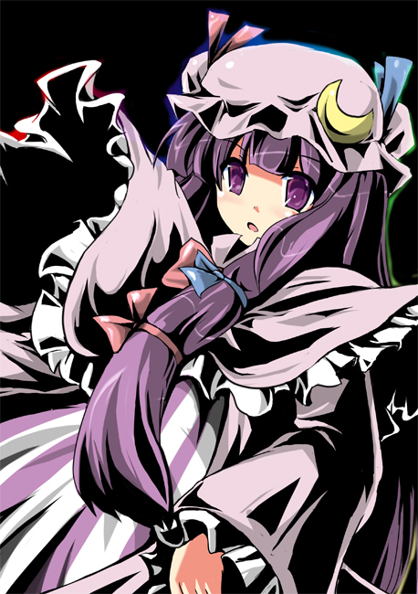 fa no hito, patchouli knowledge, touhou, bad id, bad pixiv id, 1girl, bow, female focus, hair ribbon, hat, long hair, pink bow, purple eyes, purple hair, ribbon, solo