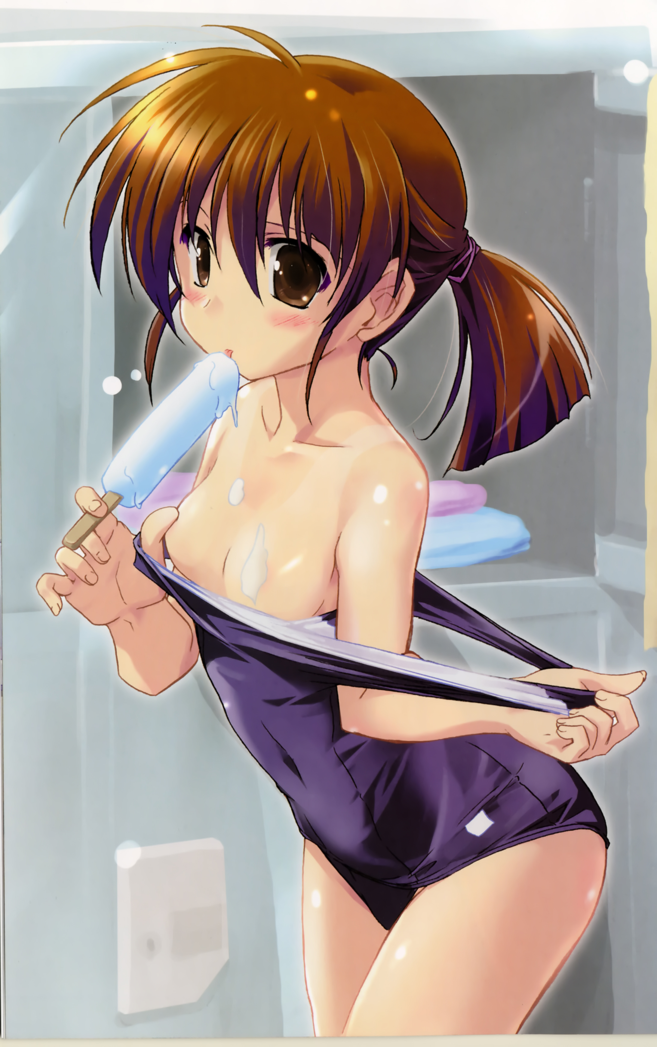 komatsu eiji, asaba yuuko, iriya no sora ufo no natsu, absurdres, highres, non-web source, 00s, 1girl, asaba yuko, blush, breasts, brown eyes, brown hair, censored, clothes pull, convenient censoring, female focus, food, ice cream, locker, locker room, melting, one-piece swimsuit, one-piece swimsuit pull, ponytail, pulling own clothes, school swimsuit, sexually suggestive, small breasts, solo, swimsuit, undressing