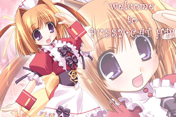 oono tetsuya, filia, prism ark, non-web source, 00s, 1girl, :d, blush, eyes visible through hair, female focus, frills, open mouth, orange hair, purple eyes, ribbon, salute, short hair, smile, solo, standing, twintails, two side up, waitress, wrist cuffs, zoom layer