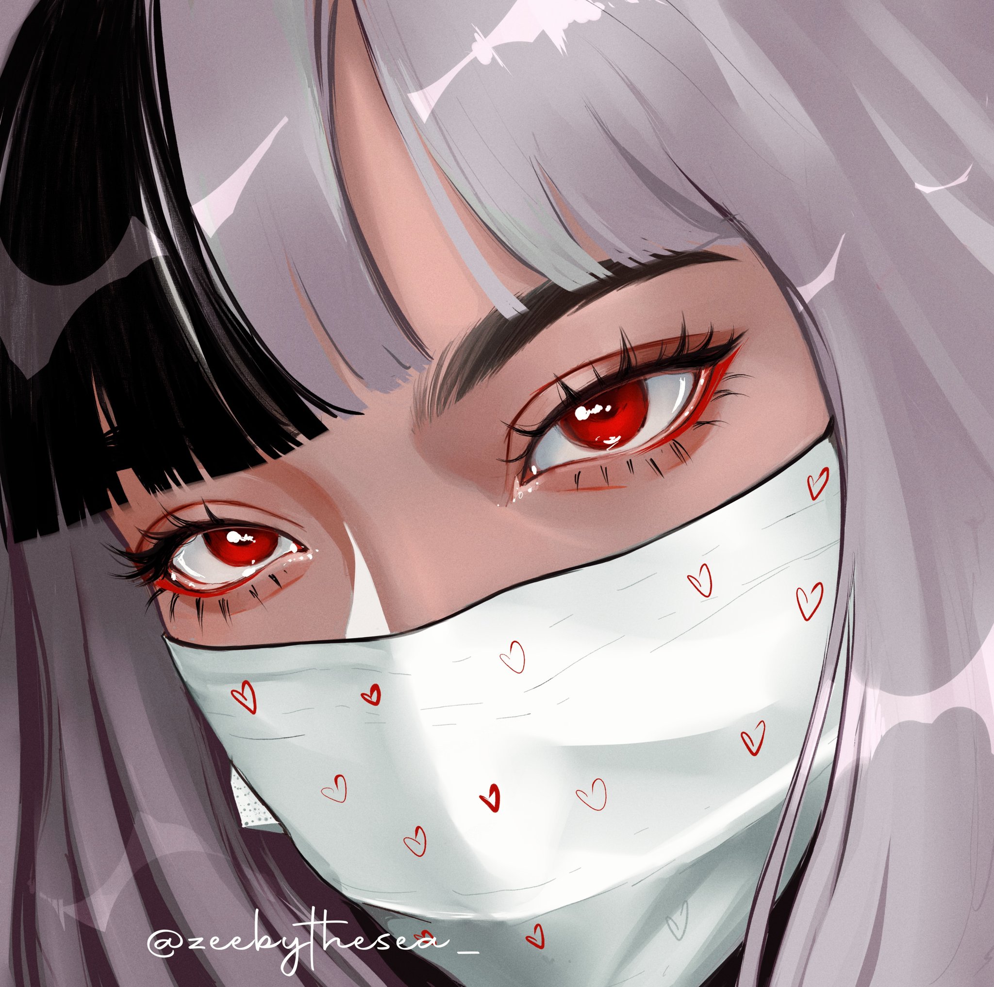 zeebythesea, original, highres, 1girl, aegyo sal, asian, black streaks, choppy bangs, close-up, eyelashes, eyeliner, heart, heart print, kira (zeebythesea), looking at viewer, makeup, mask, mouth mask, red eyeliner, red eyes, selfie, single hair streak, straight hair, thick eyebrows, twitter username, white hair, white mask