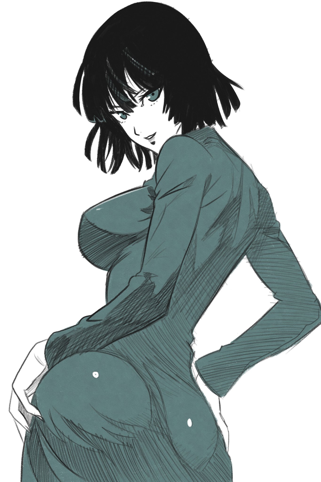 windriftdraws, fubuki (one-punch man), one-punch man, highres, ass, back, breasts, dress, green dress, green eyes, green hair, impossible clothes, impossible dress, large breasts, lips, looking at viewer, looking back, short hair, smile, taut clothes, taut dress, tight clothes, tight dress