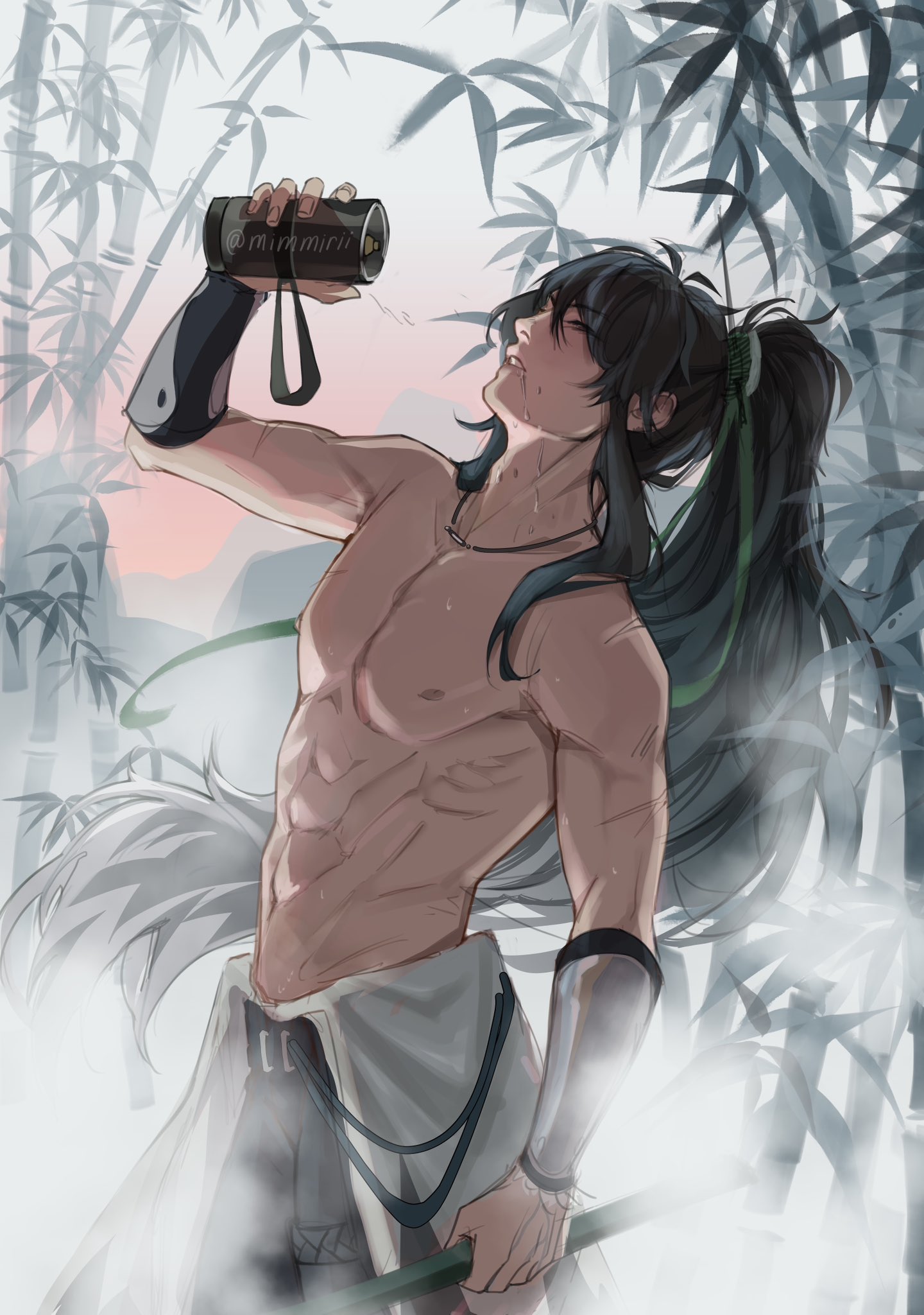 mimmirii, qiuyuan (wuthering waves), wuthering waves, hashtag-only commentary, highres, 1boy, abs, bamboo, bamboo forest, bara, closed eyes, forest, green hair, holding, jewelry, male focus, muscular, muscular male, nature, necklace, pectorals, ponytail, topless male, white background