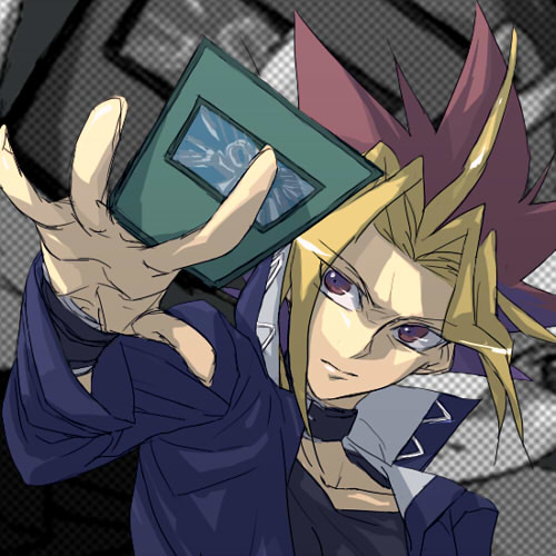honmaguro (ran), monster reborn, muto yugi, yami yugi, yu-gi-oh!, yu-gi-oh! duel monsters, lowres, 1boy, card, collar, colored bangs, foreshortening, gakuran, holding, holding card, male focus, school uniform, serafuku, solo, yu-gi-oh (card)