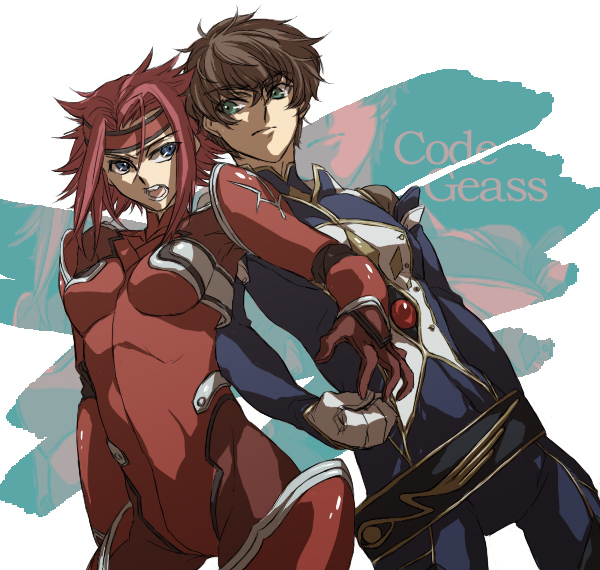 honmaguro (ran), kouzuki kallen, kururugi suzaku, code geass, 00s, 1boy, 1girl, angry, belt, belt skirt, blue eyes, bodysuit, brown hair, clenched hand, green eyes, headband, open mouth, red hair, short hair, spiked hair