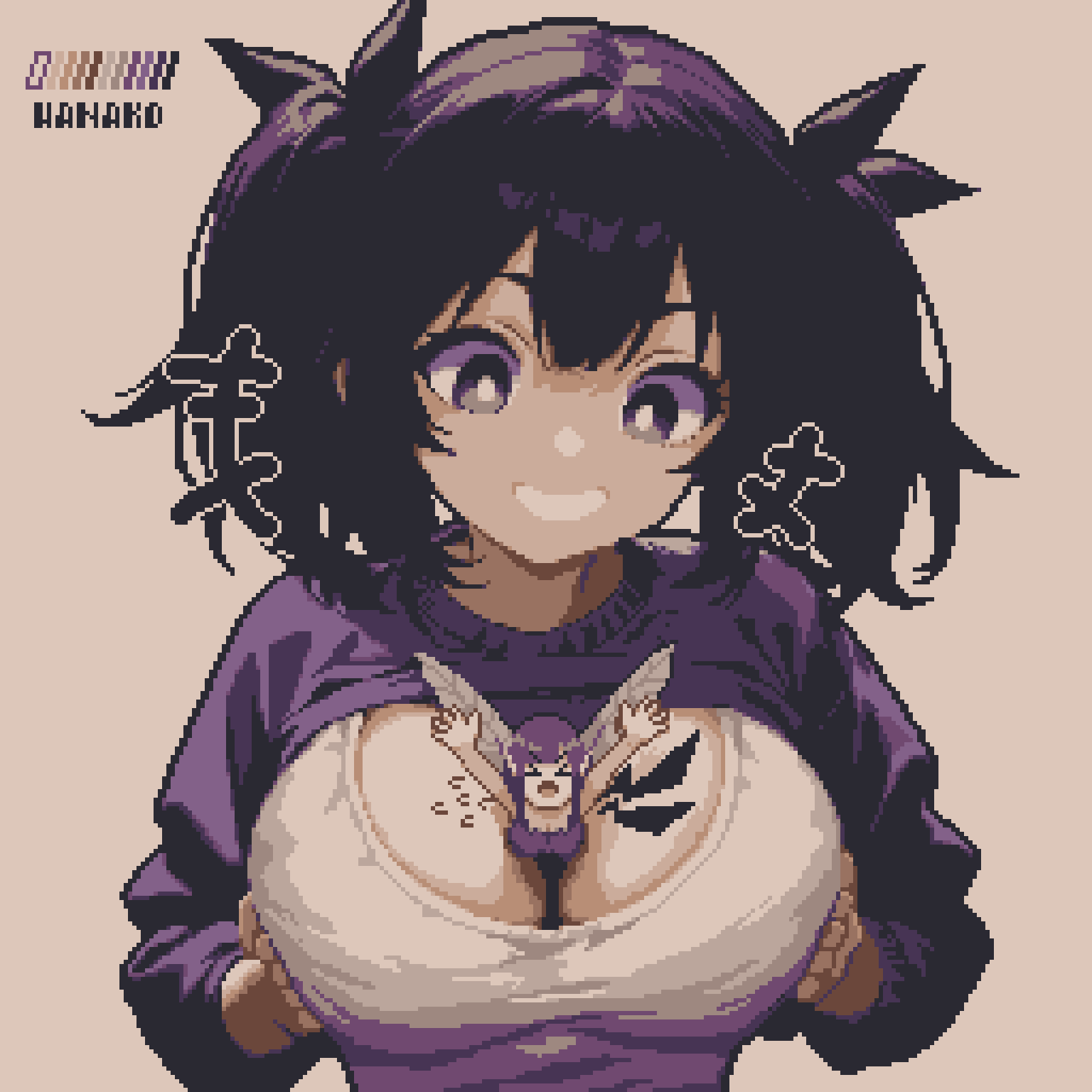 specialhanako, original, highres, > <, 2girls, artist name, bow, breast cutout, breasts, breasts squeezed together, bright pupils, color guide, flying sweatdrops, giant, giantess, grey background, grey eyes, grin, hair bow, large breasts, looking down, multiple girls, open mouth, person between breasts, pixel art, purple hair, simple background, size difference, smile, sports bra, sweater, twintails, upper body, white pupils, white sports bra, yuri