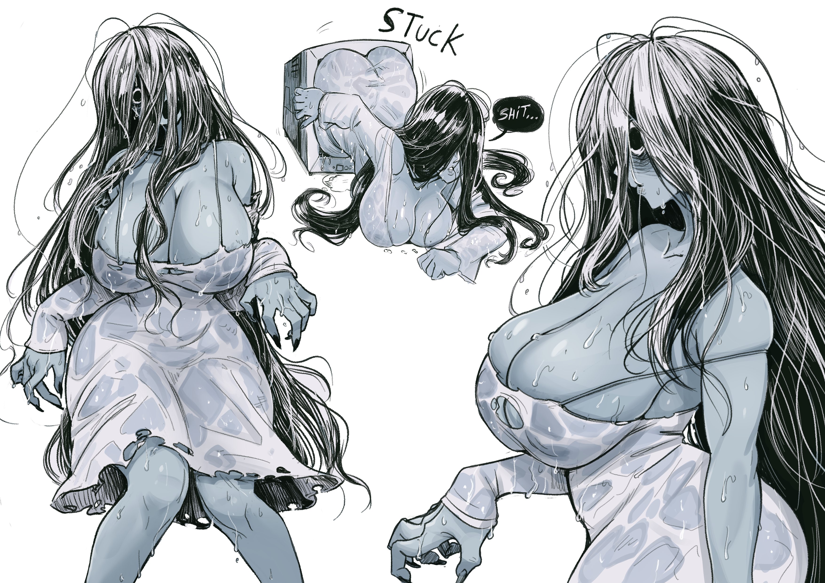 insouwu, yamamura sadako, the ring, absurdres, highres, ass, black hair, breasts, cleavage, colored skin, crawling, fingernails, ghost, ghost girl, grey skin, hair over eyes, hair over face, hair over one eye, hollow eyes, large breasts, long hair, sharp fingernails, sidelocks, television, through medium, through screen, torn clothes