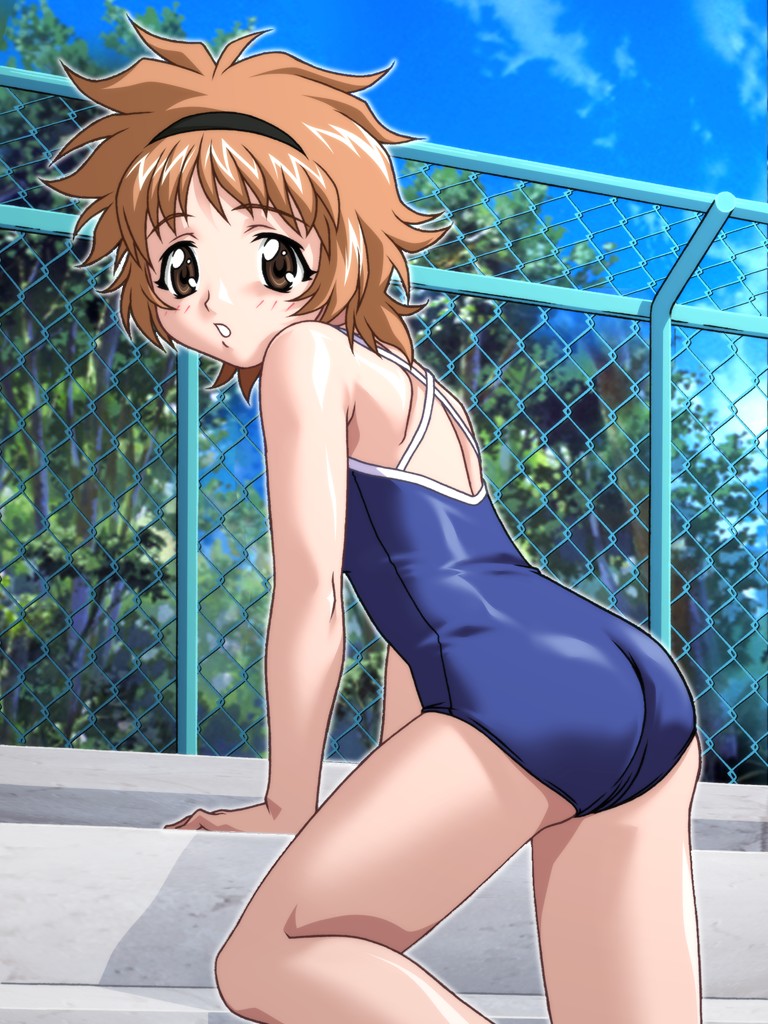 d-ten, shidou haruko, onegai twins, 00s, 1girl, ass, blue one-piece swimsuit, blurry, brown eyes, brown hair, chain-link fence, competition school swimsuit, day, depth of field, female focus, fence, from side, halterneck, on one knee, one-piece swimsuit, outdoors, pool, poolside, school swimsuit, short hair, solo, swimsuit