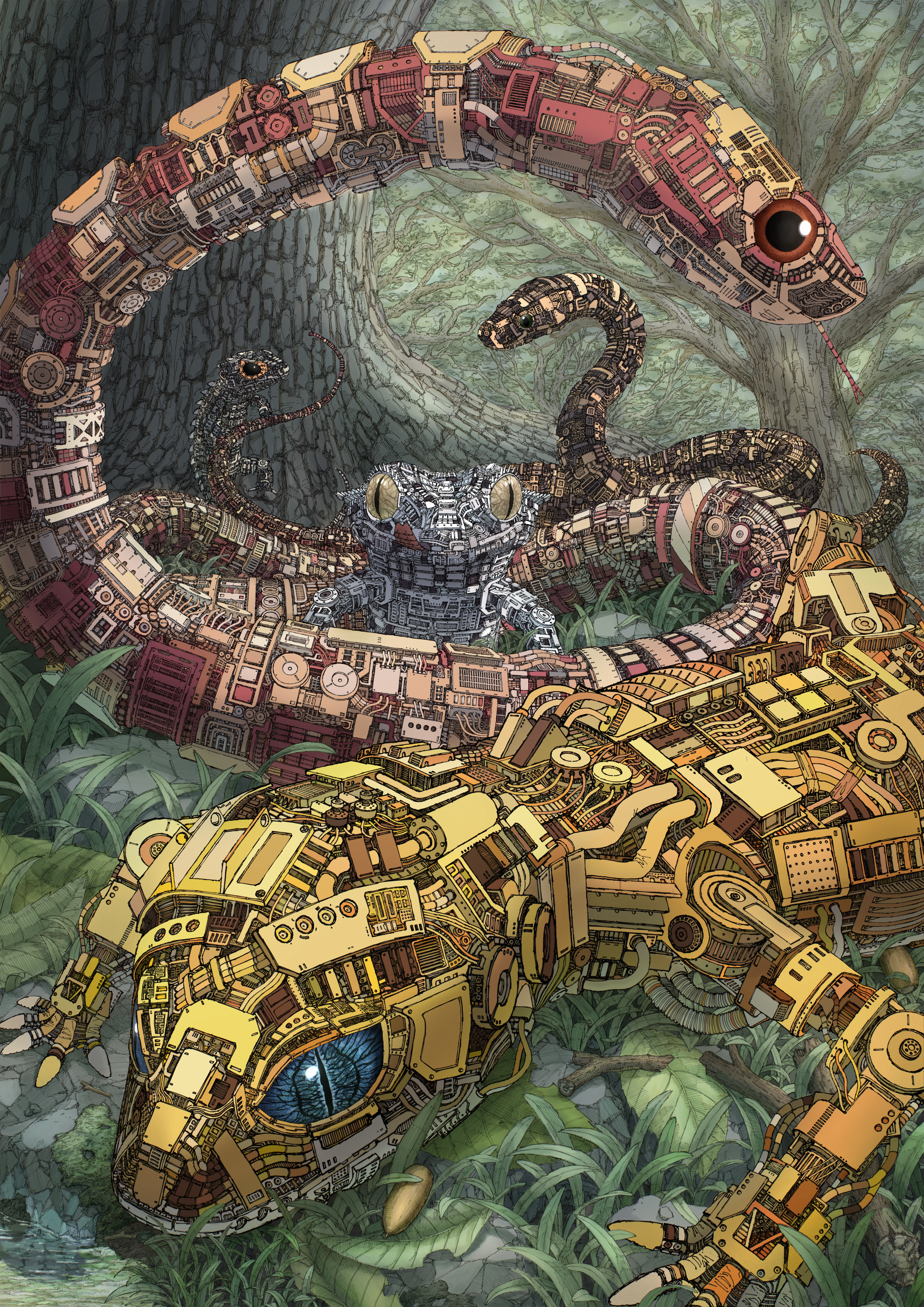 iguana, original, absurdres, commentary request, highres, absurdly detailed composition, blue eyes, brown eyes, cable, forest, forked tongue, gecko, grass, industrial pipe, joints, kamikairo, lizard, machinery, nature, no humans, non-humanoid robot, outdoors, robot, robot animal, robot joints, rock, slit pupils, snake, stick, tongue, tree, tube, water