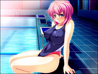 toyota hayao, takase kasumi, kangoku suieibu, marry bell, game cg, lowres, 1girl, arm support, blue eyes, blue one-piece swimsuit, blush, breasts, closed mouth, collarbone, competition swimsuit, covered erect nipples, covered navel, embarrassed, female focus, from side, groin, hair between eyes, highleg, highleg one-piece swimsuit, impossible clothes, impossible swimsuit, indoors, lane line, large breasts, legs together, looking at viewer, one-piece swimsuit, pink hair, pool, pool ladder, poolside, purple eyes, raised eyebrows, shadow, short hair, sitting, skin tight, soaking feet, solo, swimsuit, tile floor, tiles, water